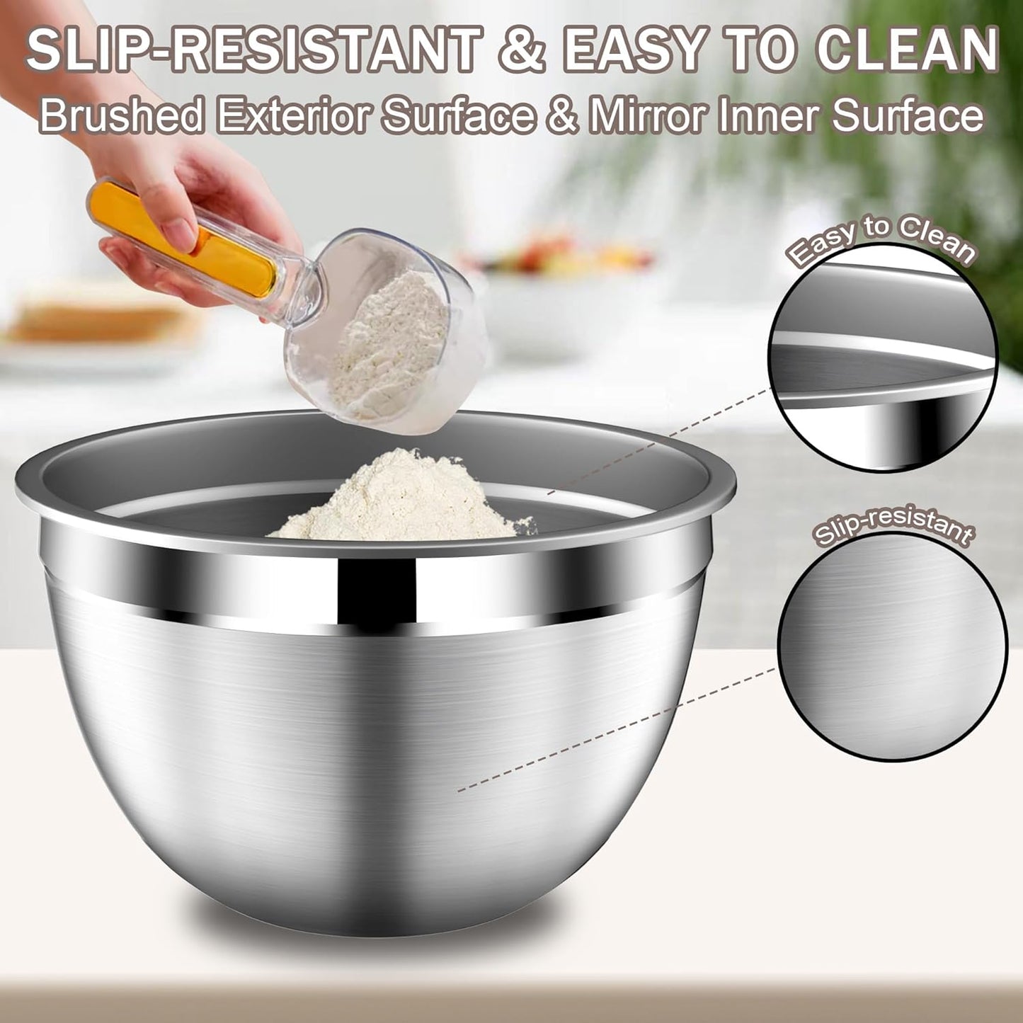Stainles Steel Mixing Bowls with Lids Set, Stackable Metal Mixing Bowl with Strainer, 5-Piece - Beige