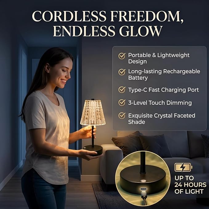 Black Cordless Table Lamp Rechargeable, Small Battery Powered Lamp 5000mAh - Image 7