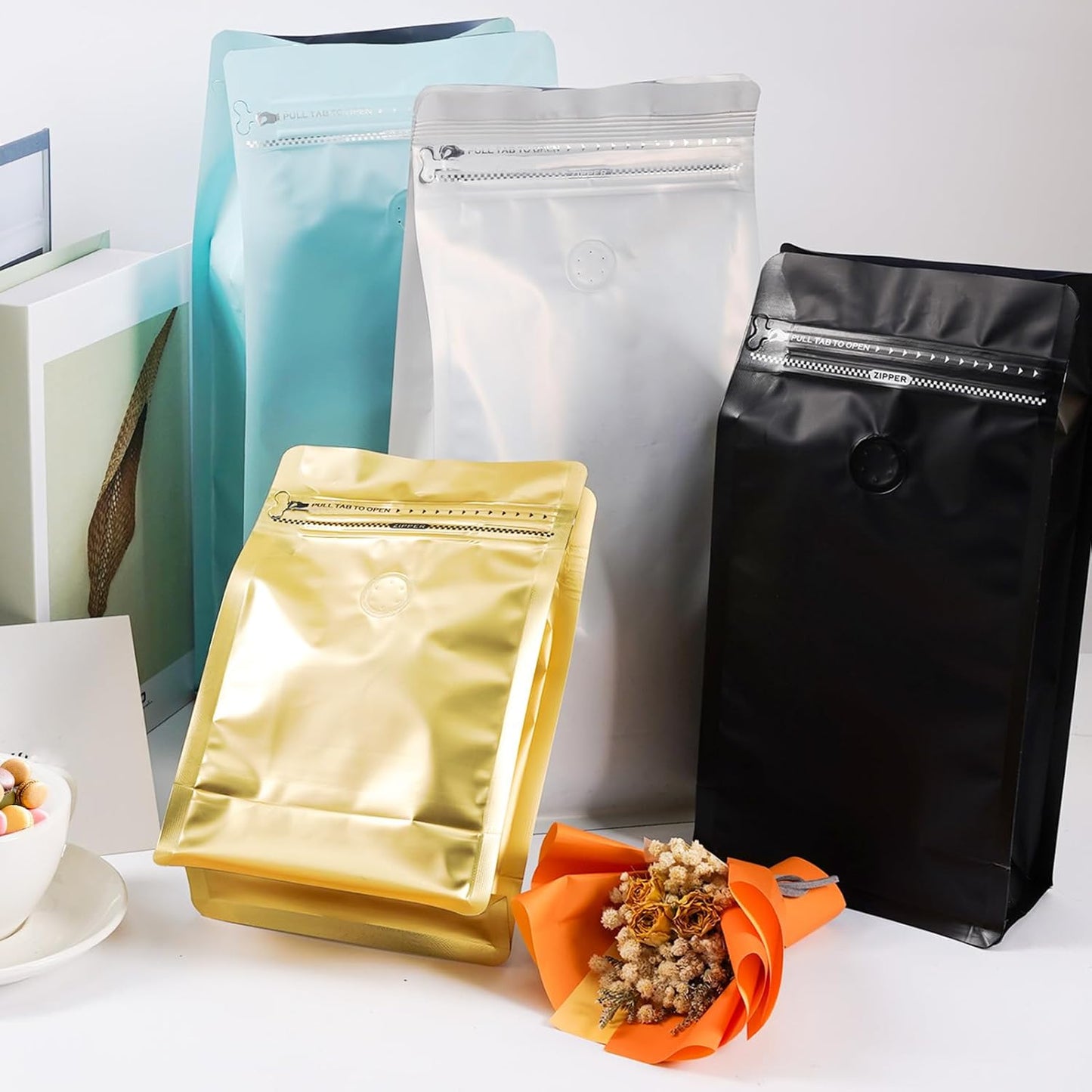 Coffee Bags with Valve (50 PCS,8oz/0.5lb) Blue High Barrier Aluminum Foil Flat Bottom Standing Coffee Beans Storage Packaging Bags, Reusable Heat Seal Side Zipper Pouches for Small Business and Home