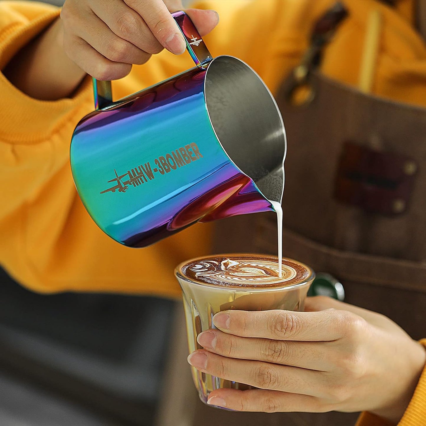 MHW-3BOMBER Milk Frothing Pitcher 16.9oz/500ml Latte Art Pitcher Stainless Steel Espresso Steaming Pitcher Colorful Barista Milk Jug P5911C-OS
