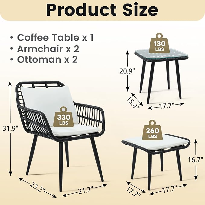 KROFEM 5 Piece Wicker Bistro Patio Conversation Furniture Set, Includes 2 Chairs - Image 7