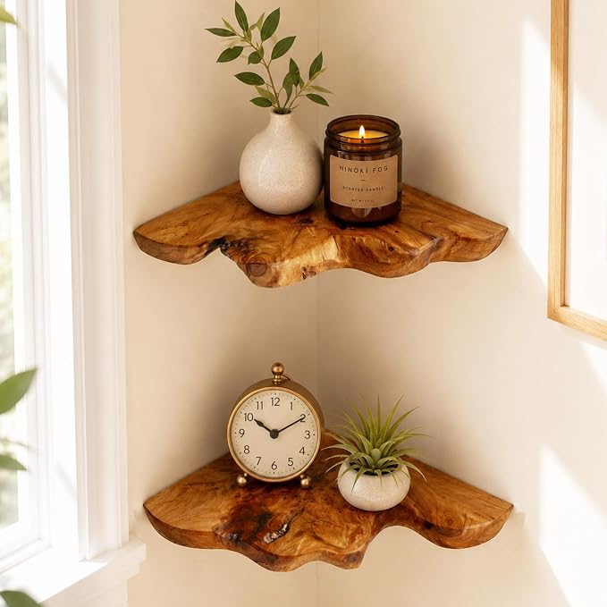 Floating Corner Shelf Set of 2, Handcrafted Live Edge Corner Wall Shelves - Image 9