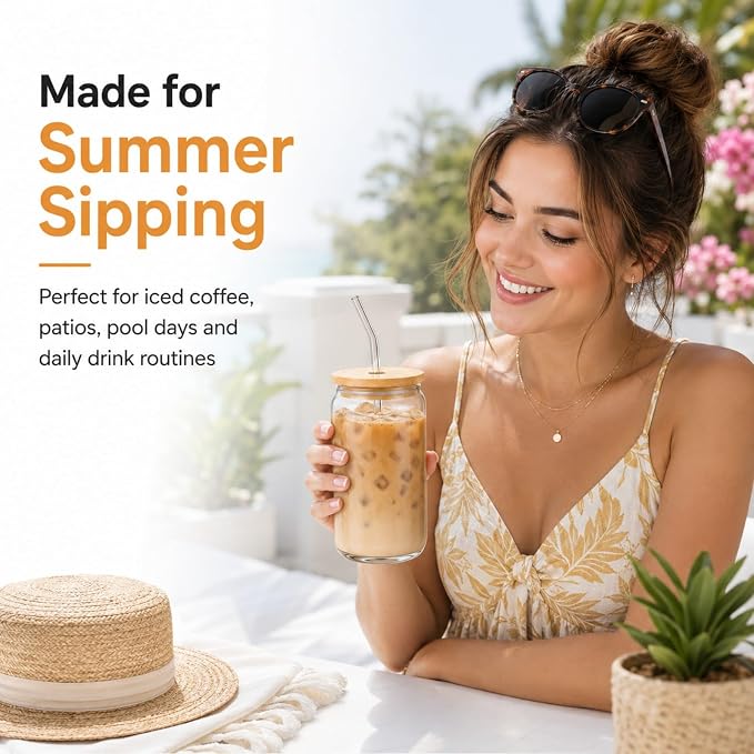 Glass Cups with Lids and Straws 1 Pack, 16 oz Glass Coffee Cup with Bamboo Lid - Image 9