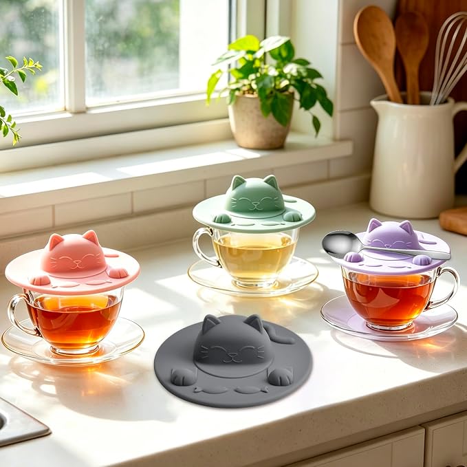 Enenes 4 Pack Silicone Tea Bag Holder and Squeezer, 4 Inch Cat-Shaped Cup Lid - Image 7