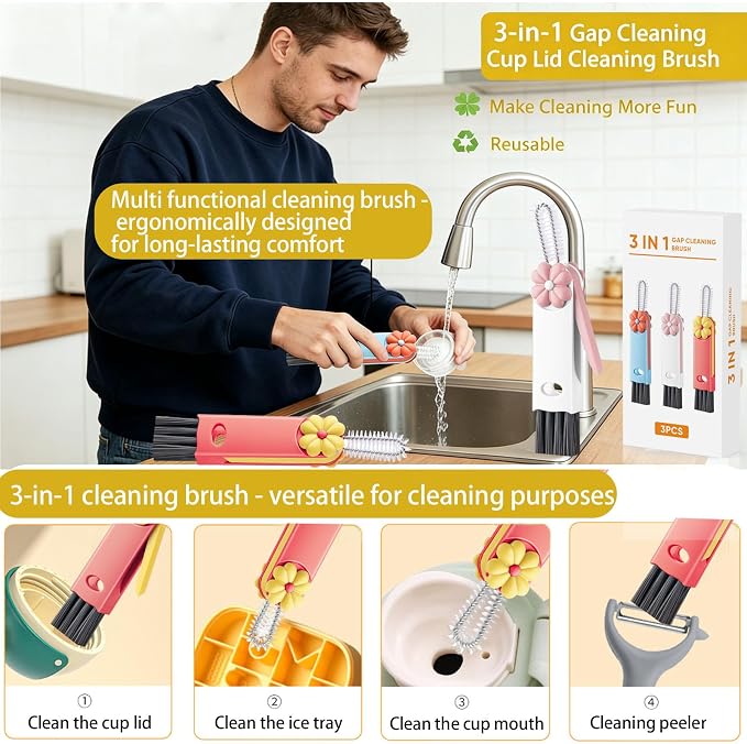 3 in 1 Cup Lid Cleaning Brush, Cup Lid Brush, Upgraded 3PCS Multifunctional - Image 6