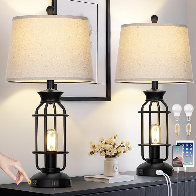 28" Vintage Table Lamps with USB C+A Ports & AC Outlet, Industrial Farmhouse - Image 9