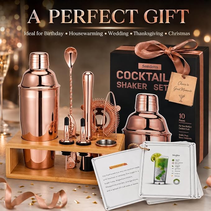 Rose Gold Cocktail Shaker Set, Premium 18/8 Stainless Steel Mixology Bartender - Image 8