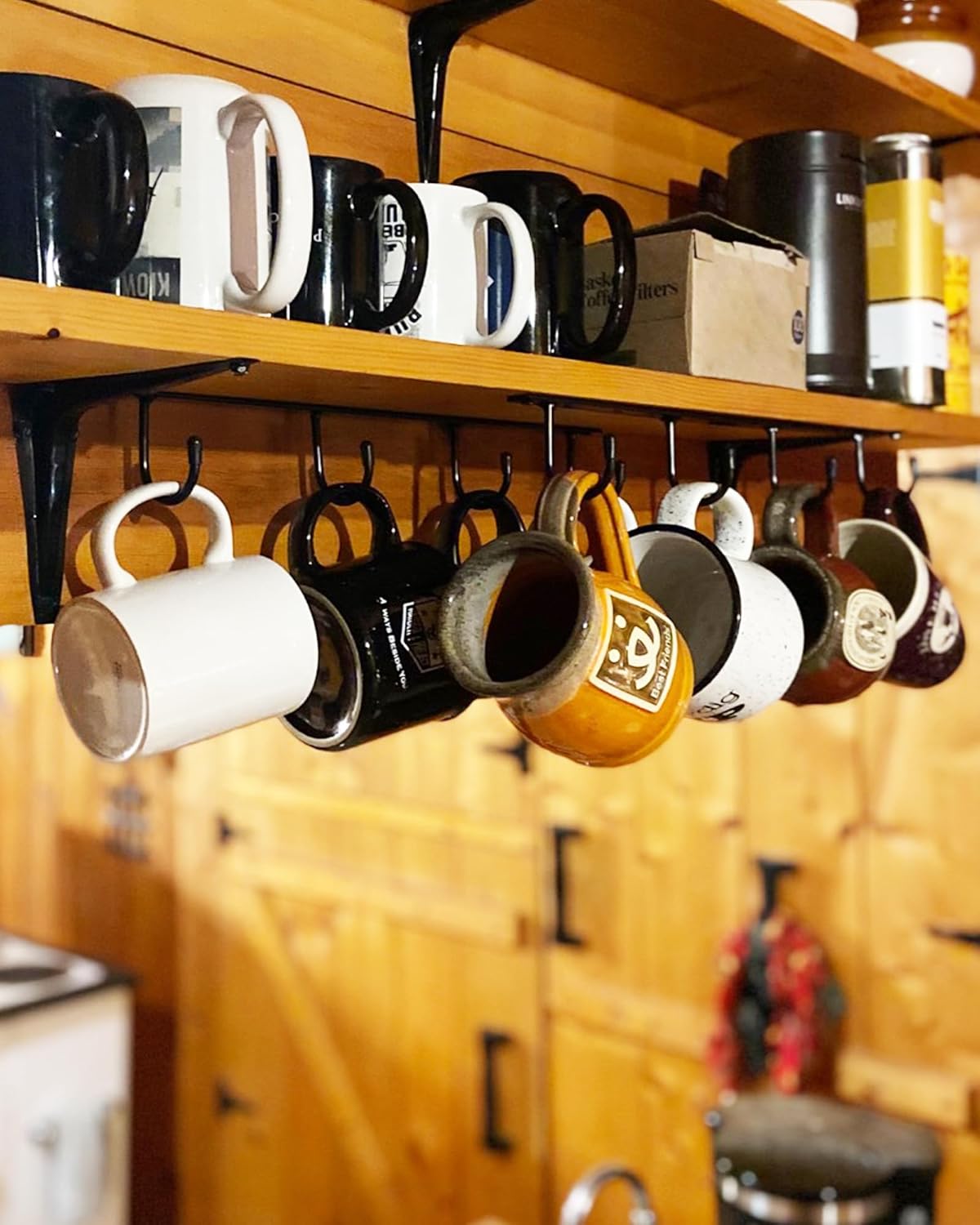 Mug Hanger Under Cabinet 3 Pcs Metal Coffee Hooks Wall Mounted Coffee Cup Rack Mug Storage Organizer for Kitchen Dining Bar - Black