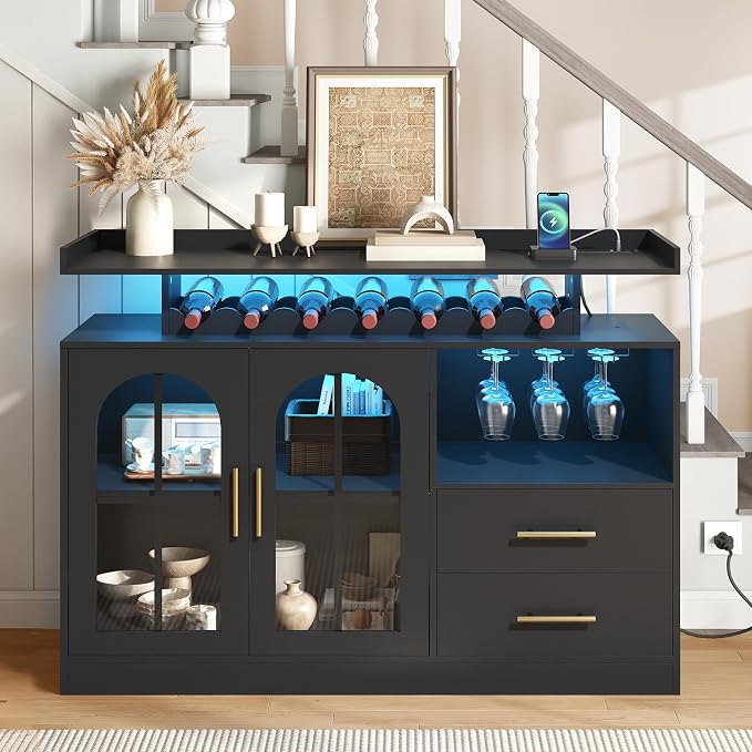 Wine Bar Cabinet with LED Lights & Charging, Modern Liquor Cabinets with 2 - Image 8