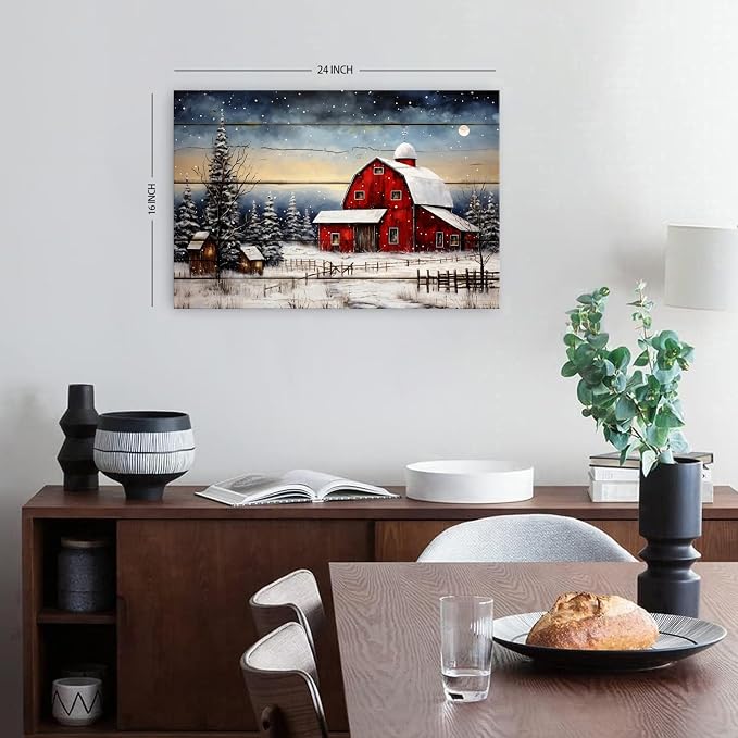Red Barn Wall Art Snowy Winter Landscape Wall Art Christmas Home Decoration - Image 6