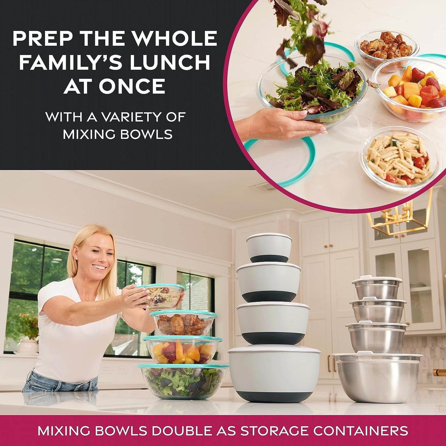 Stainless Steel Mixing Bowl Set, Nesting Bowls for Kitchen Baking, Cooking, Prepping, Kitchen Food Storage Organizers, No Lids (6 Pack)