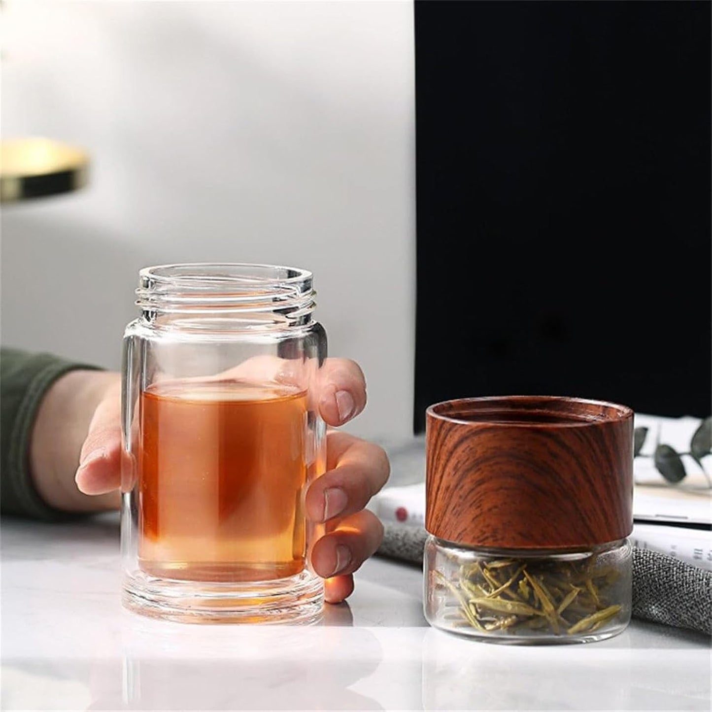 QUROXO 2025 New Tryteava Glass Infuser, Teava 3-In-1 Smart Tea Infuser with Cup Brush, Double-Layer Borosilicate Glass Tryteava Tea infusers Separation Cup (Gold, 280ml (9.5oz))