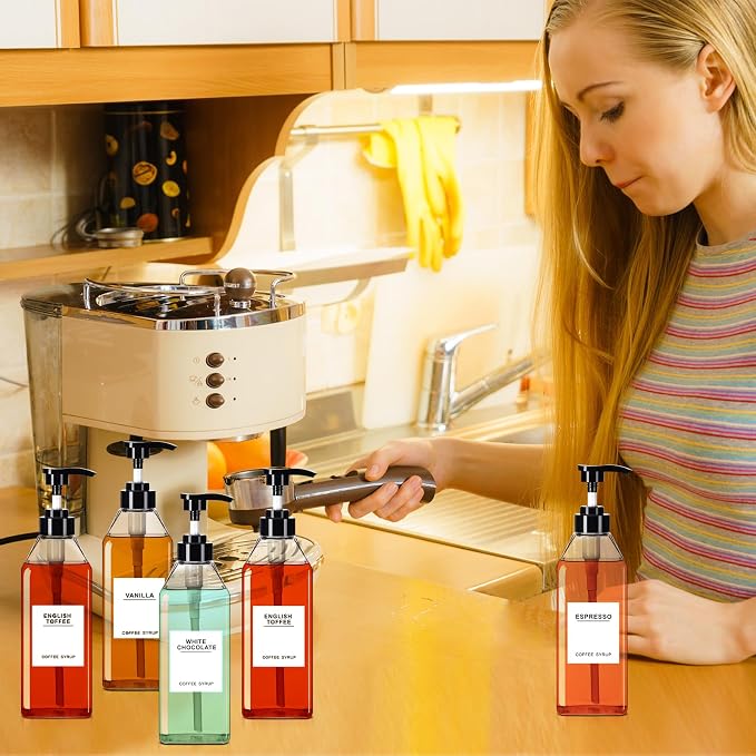 Nuogo 6 Pcs Coffee Syrup Dispenser Bottles Set 750ml, 150ml PET Black Syrup - Image 7
