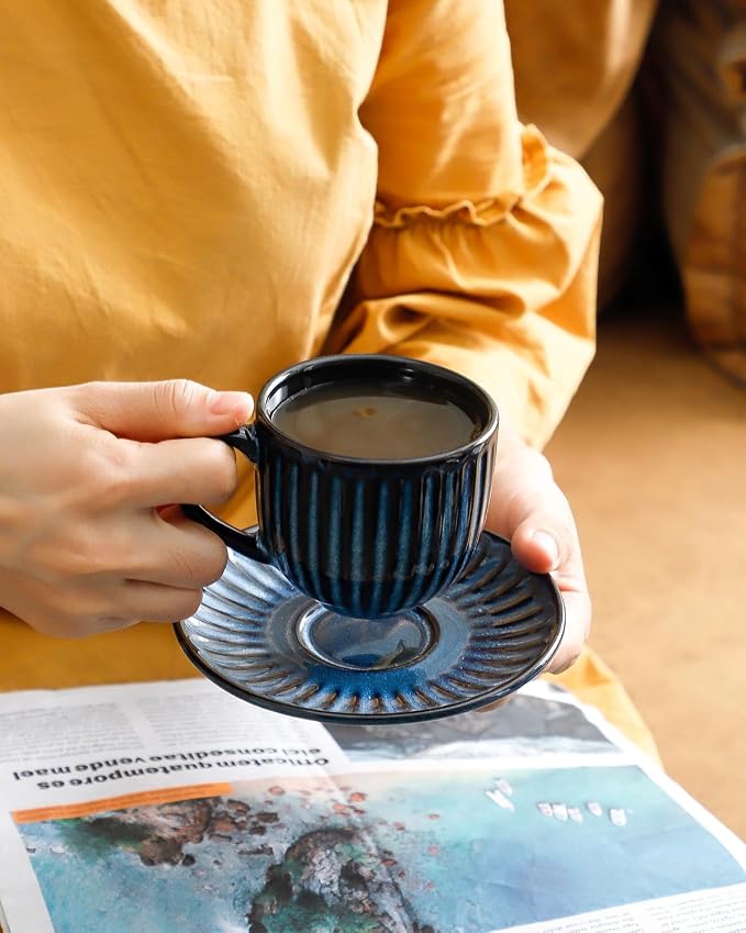 Hasense Ceramic Cappuccino Cups and Saucers Set of 4, Ribbed 6 Oz Demitasse Tea - Image 7