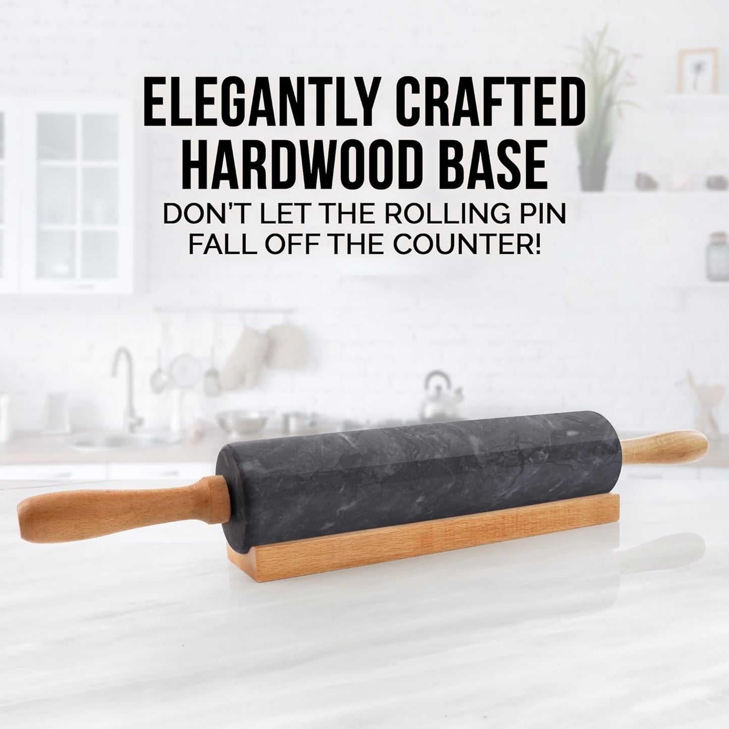 Zulay Kitchen 17-Inch Marble Rolling Pin With Stand - Polished Marble Rolling Pins For Baking - Long Rolling Pin Marble With Beechwood Handle - Non-stick Roller Pin For Baking Pastries, Bread & Pizza