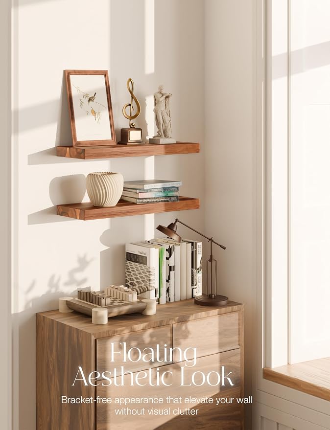 BATODA Set of 2 17" Acacia Wood Floating Shelves Wall Mounted – Rustic - Image 6
