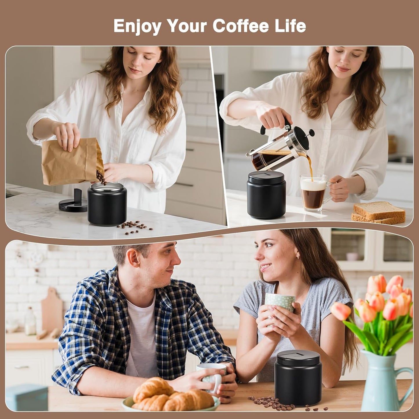Coffee Canister, Premium Large Stainless Steel Insulated Vacuum Coffee Bean Storage Container Travel Jar, Kitchen Food Airtight Coffee Grounds Container for Tea, Sugar, Flour (26oz-Black)