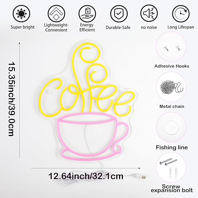 Coffee Neon Sign for Coffee Bar Decor, Dimmable Pink&Yellow Neon Lights for - Image 9