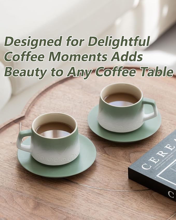 ZENS 8 Ounce Artistic Cappuccino Cups Set of 2, Embossed Ceramic Coffee Mug - Image 9