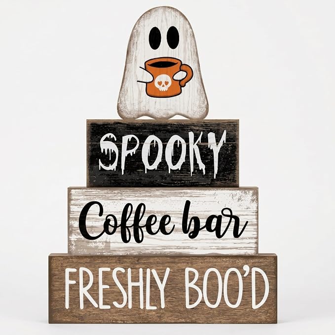 Lineshading 4 Pcs Halloween Table Decoration Spooky Coffee Wooden Stacked Block by Lineshading