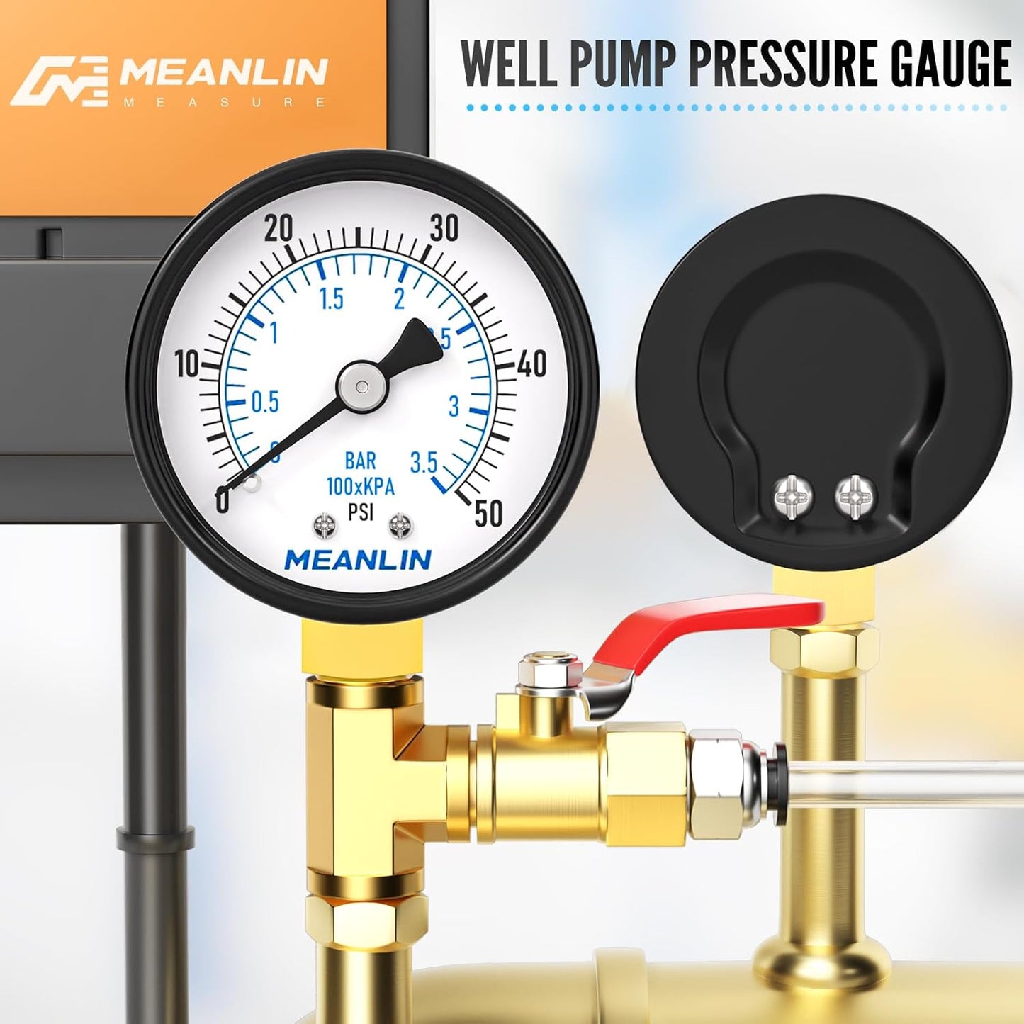 MEANLIN MEASURE 0-50Psi 2" DIAL FACE 1/8" NPT Well Pump Pressure Gauge, with 1/4" NPT and 3/8" NPT Hex Bushing, 3-2-3% Accuracy, Lower Mount