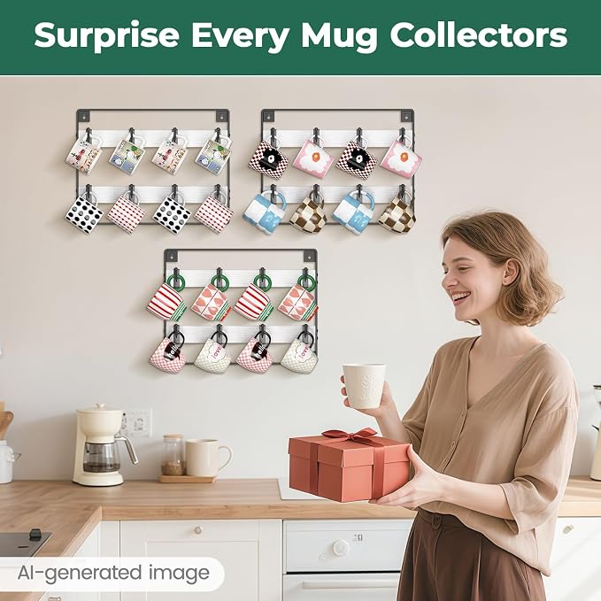 EsLuker.ly Mug Holder Hanger Rack Wall Mounted Wooden 3 Pack Coffee Cup Storage - Image 7