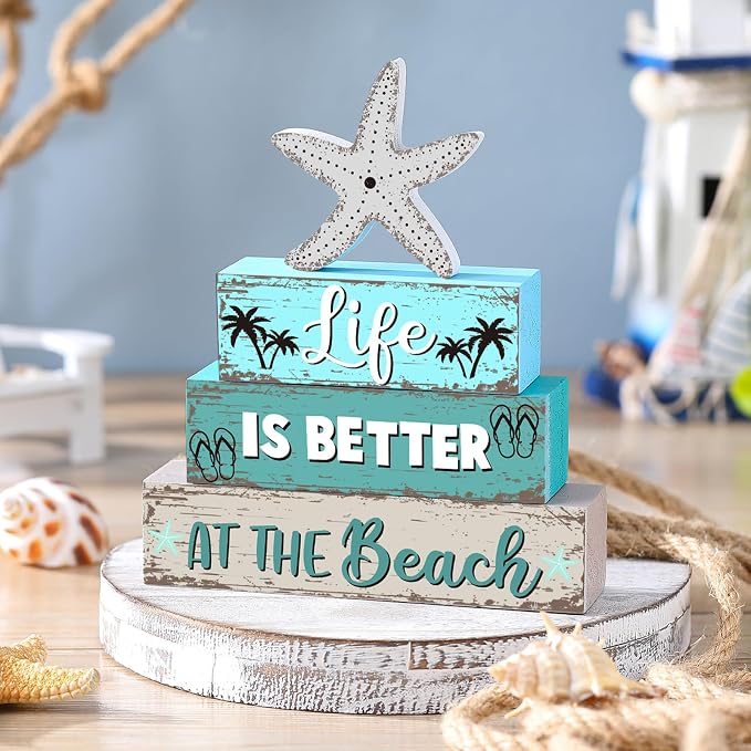 Geelin 4 Pcs Summer Table Decorations Ocean Life Better Wooden Block Signs - Image 6