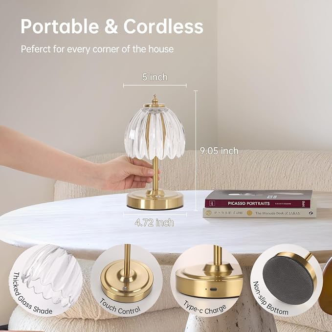 Shenmoyl Tulip Small Table Lamp, 5200mAh Cordless Touch Control Mini Table Lamp - Image 9