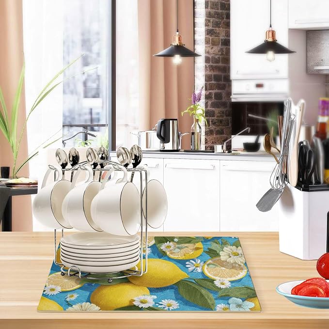 Summer Wave Lemons Daisy Coffee Mat Coffee Bar Maker Backed Absorbent Nonslip - Image 6