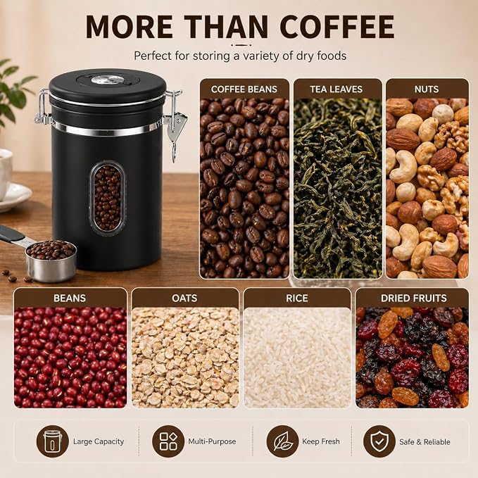 Black Coffee Canister Airtight 22oz Stainless Steel Coffee Bean Storage - Image 6