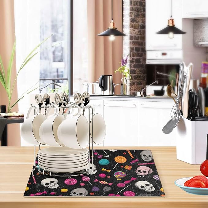 Halloween Skulls Lollipops Bats Coffee Mat Coffee Bar Maker Backed Absorbent - Image 6