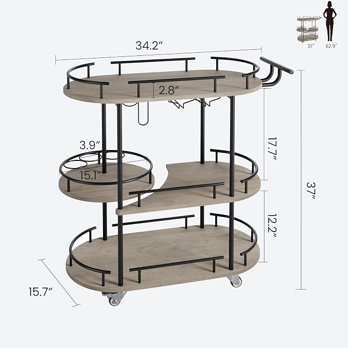 GarveeHome 3-Tier Bar Cart on Wheels, Mobile Serving Cart - Image 7