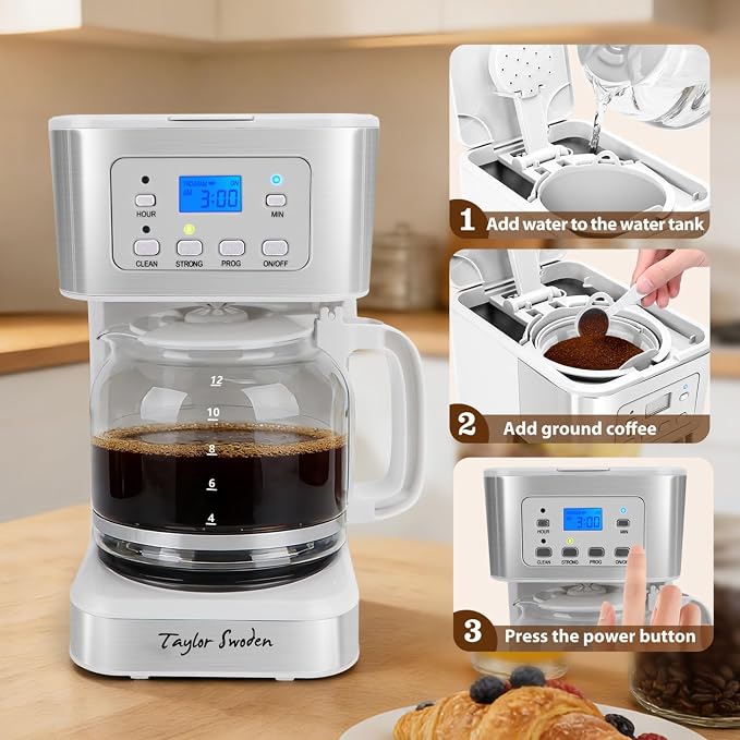 Taylor Swoden 12-Cup Programmable Coffee Maker, Regular & Strong Brew Drip - Image 9