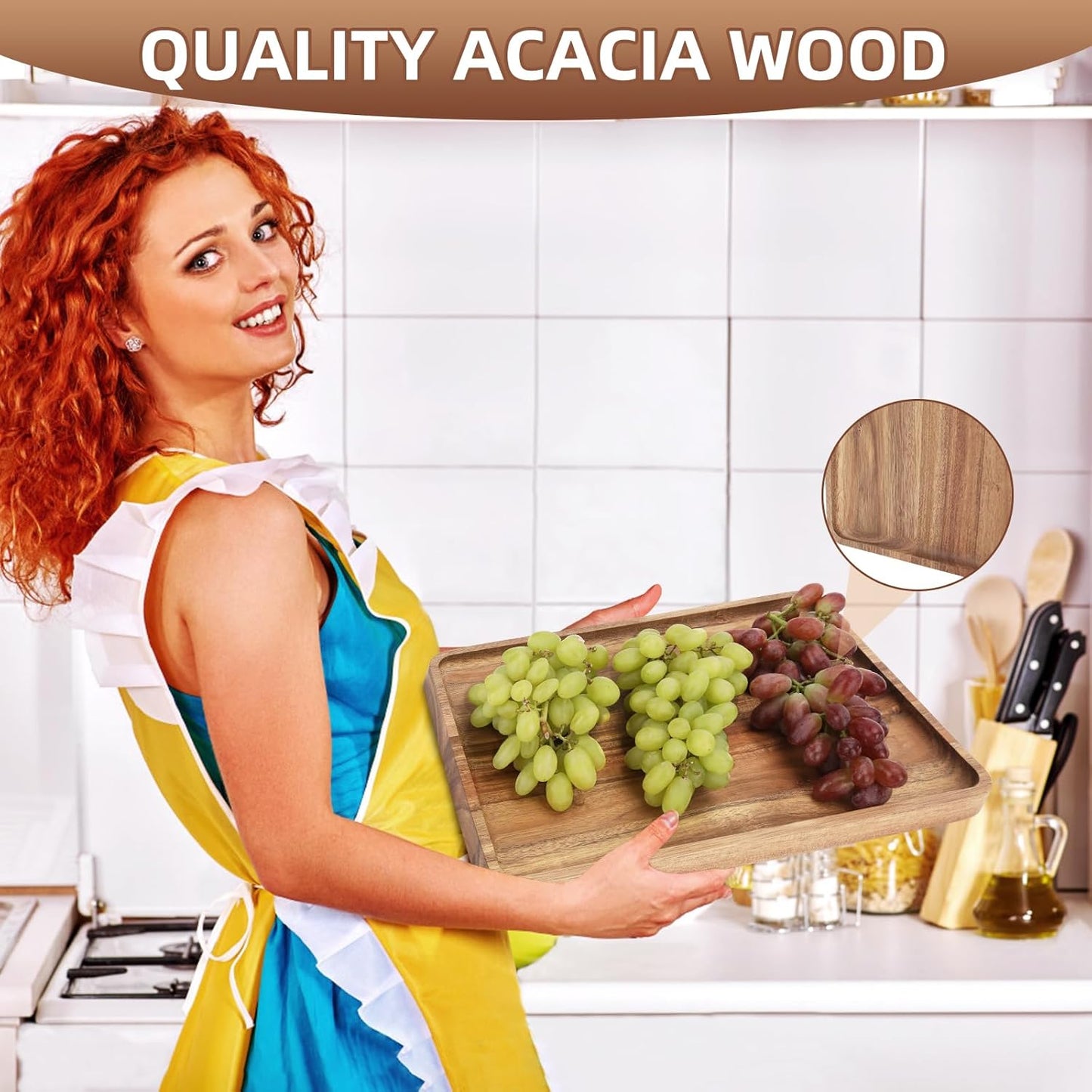 2 PCS Solid Acacia Wood Serving Trays 13 * 9 inch Rectangular Wooden Serving Platters Natural Wooden Boards for Bar Coffee Party(Wood Log Color)