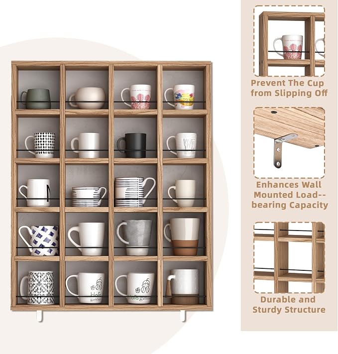 Wooden Coffee Mug Display Rack, Wall Mounted Coffee Cup Display Shelf, Hold 24 - Image 9