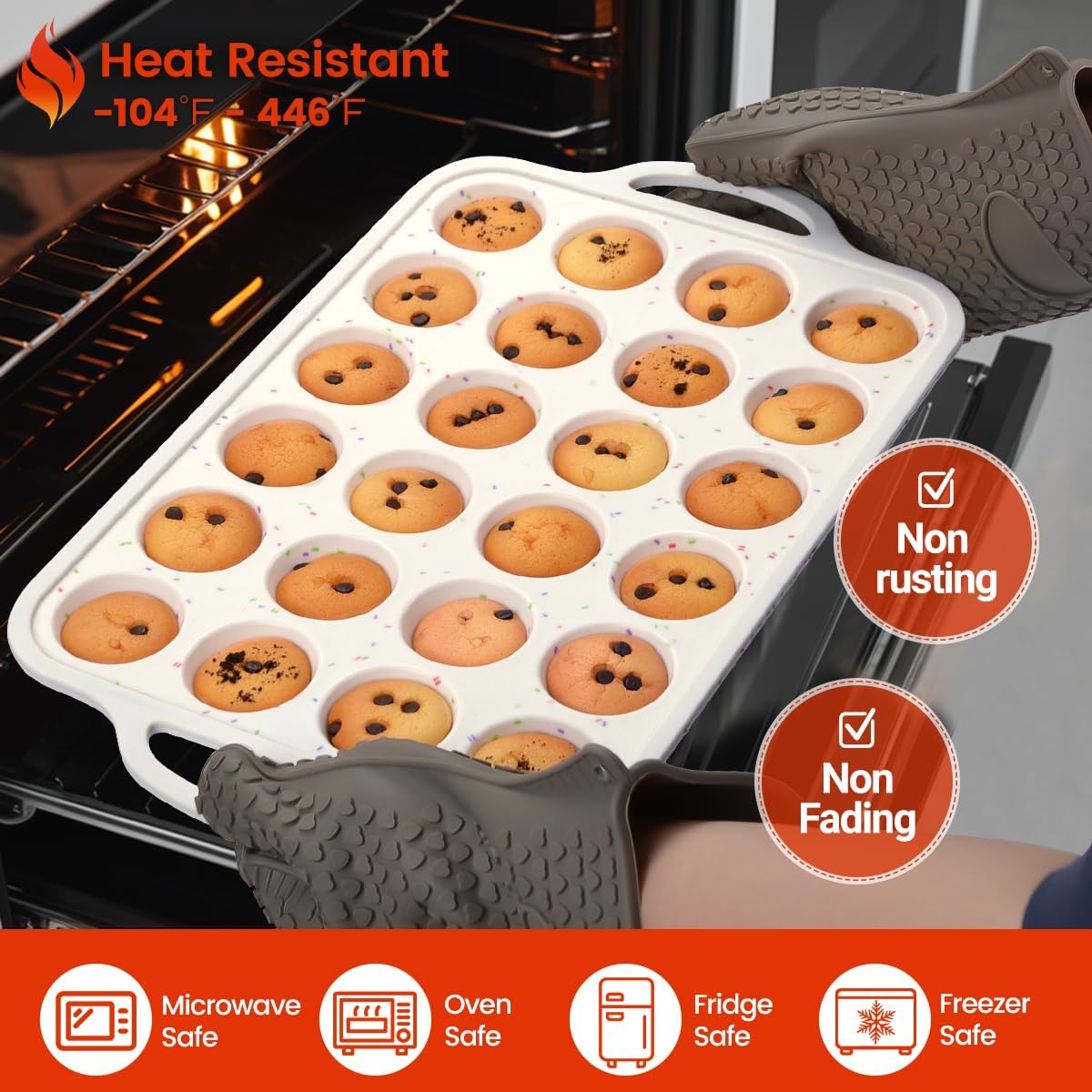 CAKETIME Mini Muffin Pan,Metal Reinforced Frame Silicone Cupcake Pan,Easy To Handle Nonstick 24 Cups Small Muffin Pan, White