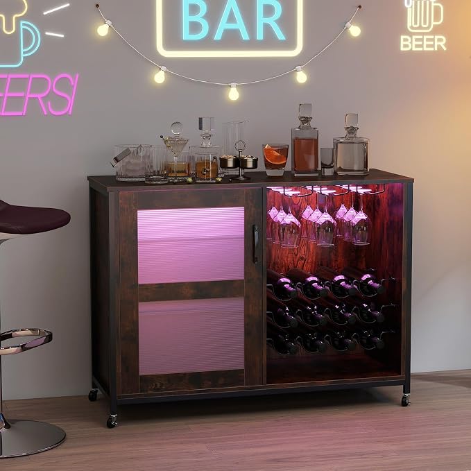 GOFLAME Wine Bar Cabinet with Wheels and LED Lights, Industrial Coffee Bar - Image 9