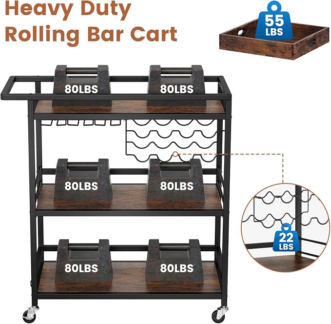 Leteuke Bar Cart for Home, 3 Tier Rolling Serving Carts - Image 8