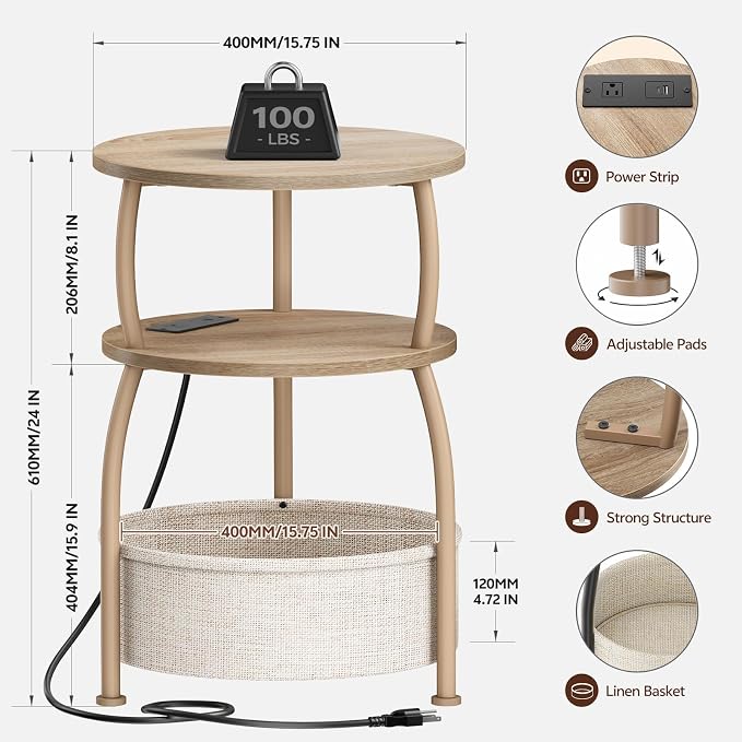 Round Side Table with Charging Station, USB Type C Port, Oak | End Table with - Image 9