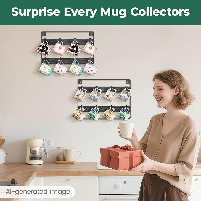 EsLuker.ly Mug Holder Hanger Rack Wall Mounted Wooden 2 Pack Coffee Cup Storage - Image 7