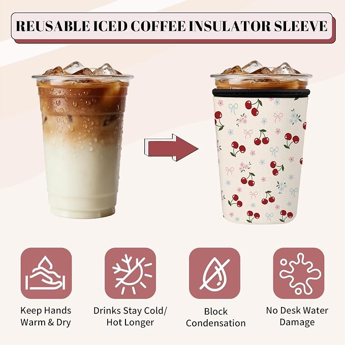 Cute Cherry Bow Iced Coffee Cup Sleeve 3 Pack, Sweet Feminine Reusable Neoprene - Image 7
