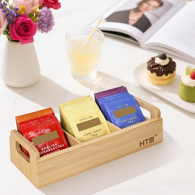 HTB Small Tea Bag Holder, Bamboo Tea Organizer 3 Compartments - Image 9