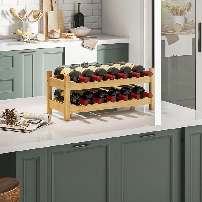 Giantex Bamboo Wine Rack, 2 Tier 12 Bottle Wine Storage Cabinet Shelf, Small - Image 9