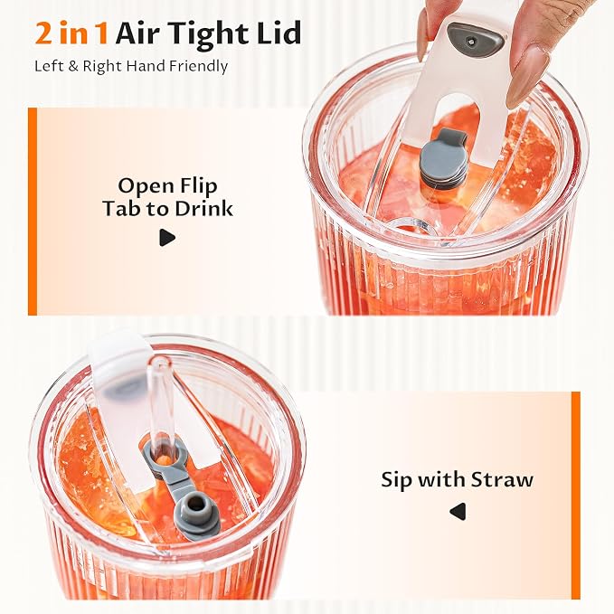 20oz Glass Tumblers with Straws and Lids 6 Pack, Ribbed Glass Cups, Leak - Image 9