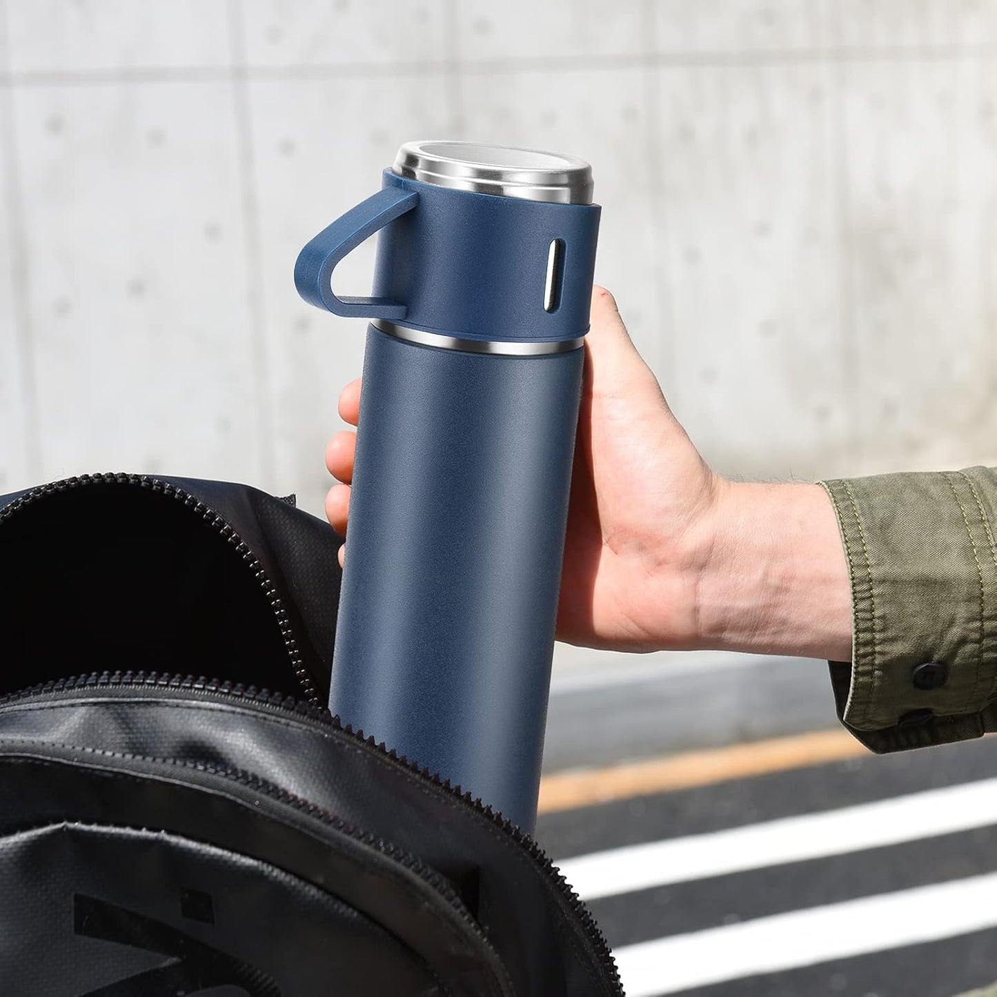 Stainless Steel Thermo 500ml/16.9oz Vacuum Insulated Bottle with Cup for Coffee Hot drink and Cold drink water flask.(Blue,Set)