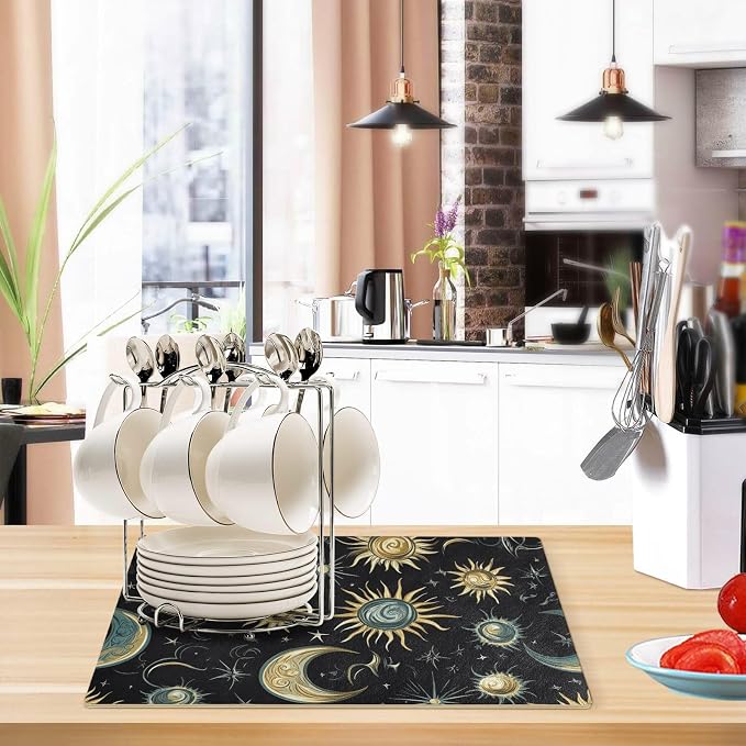 Star Moon Sun Constellation Black Coffee Mat Coffee Bar Maker Backed Absorbent - Image 6