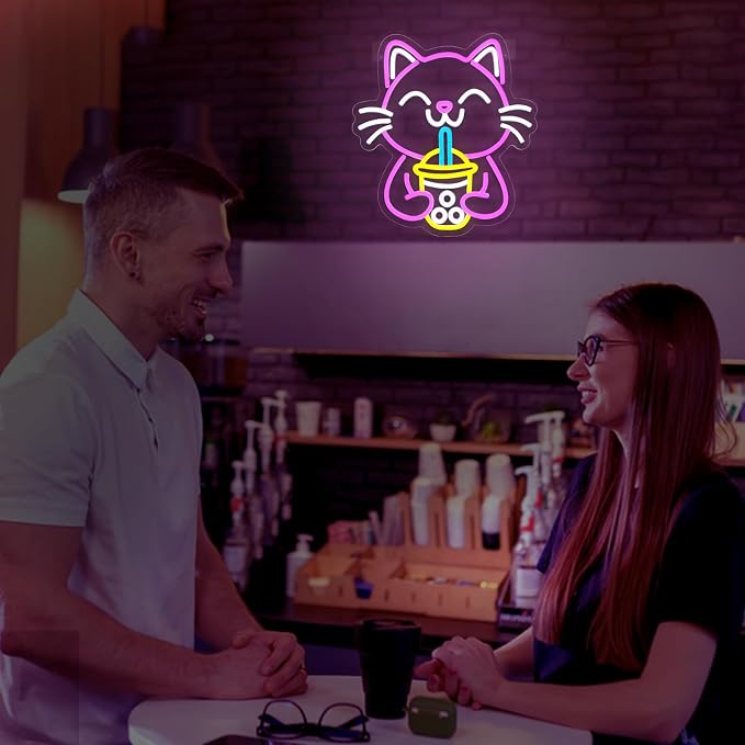 Cat Boba Tea Neon Sign for Wall Decor Dimmable Cute Cat Led Light Signs Bubble - Image 7