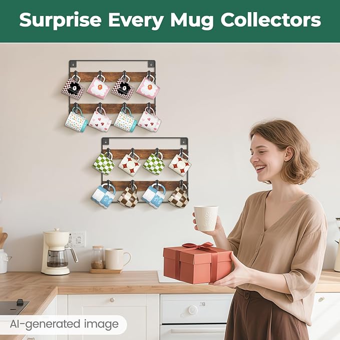 EsLuker.ly Mug Holder Hanger Rack Wall Mounted Wooden 2 Pack Coffee Cup Storage - Image 7