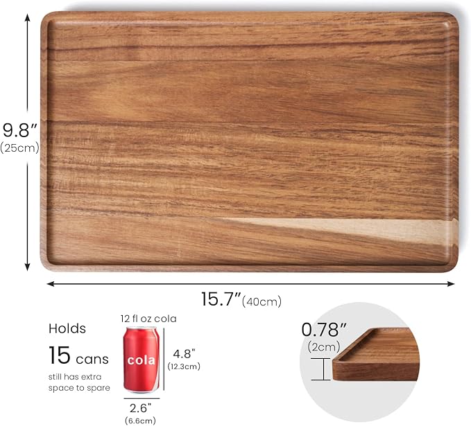VERTORGAN 2 Pack Acacia Wood Serving Tray, 15.8x9.8 Inch Decorative Trays - Image 6