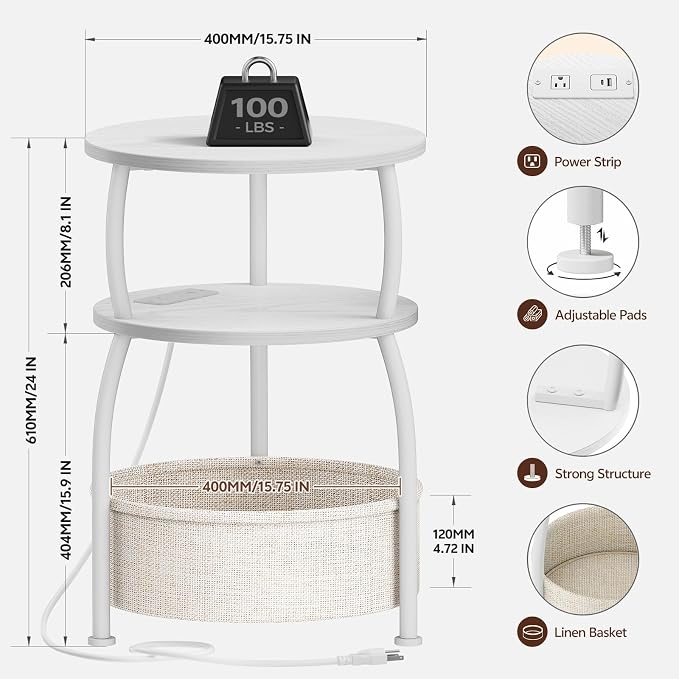 Round Side Table with Charging Station, USB Type C Port, Tall Side Table - Image 9
